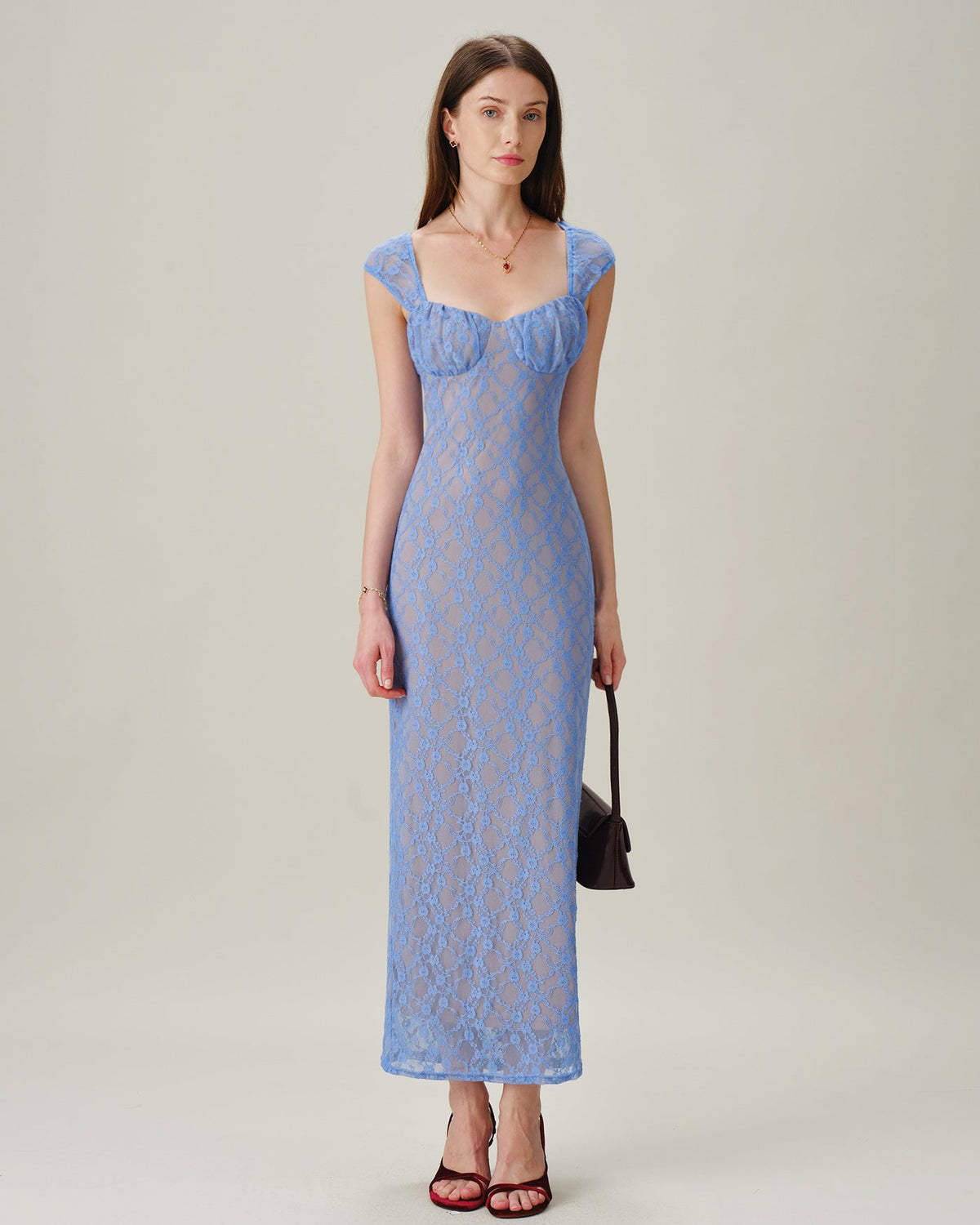 Blue Lace Sweetheart Maxi Dress, Ruched Waist - view 5