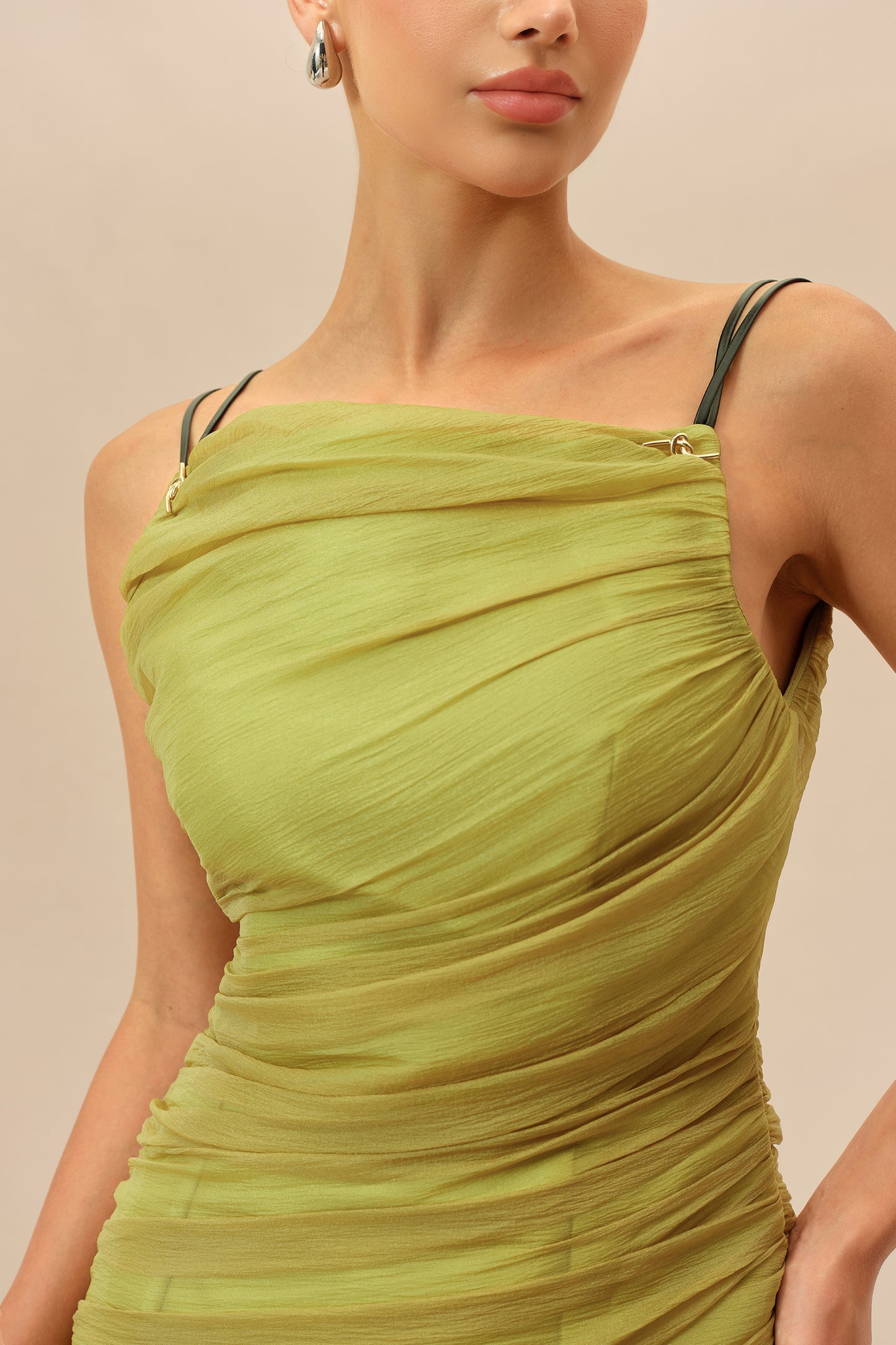 Olive ruched mini dress with ruffle hem - view 5