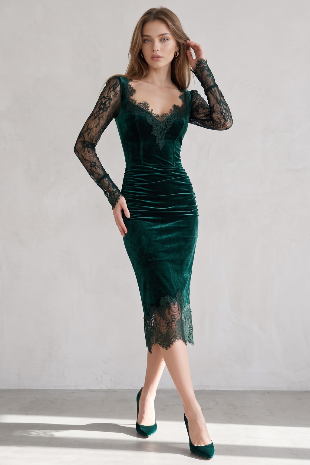 Velvet Midi Dress with Lace Long Sleeves - 2
