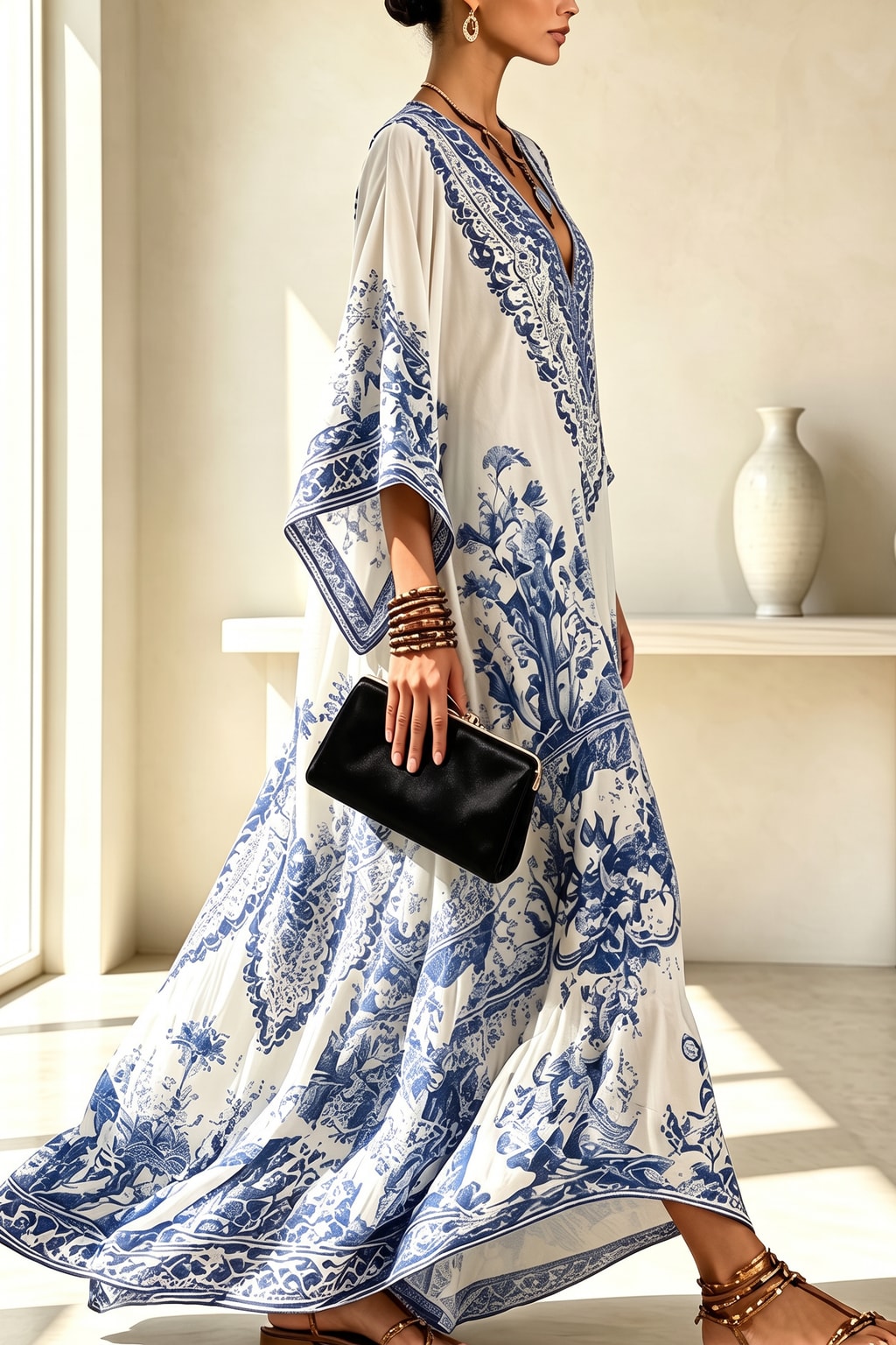 Polyester Maxi Dress With Wide Sleeves And V-Neck - 3