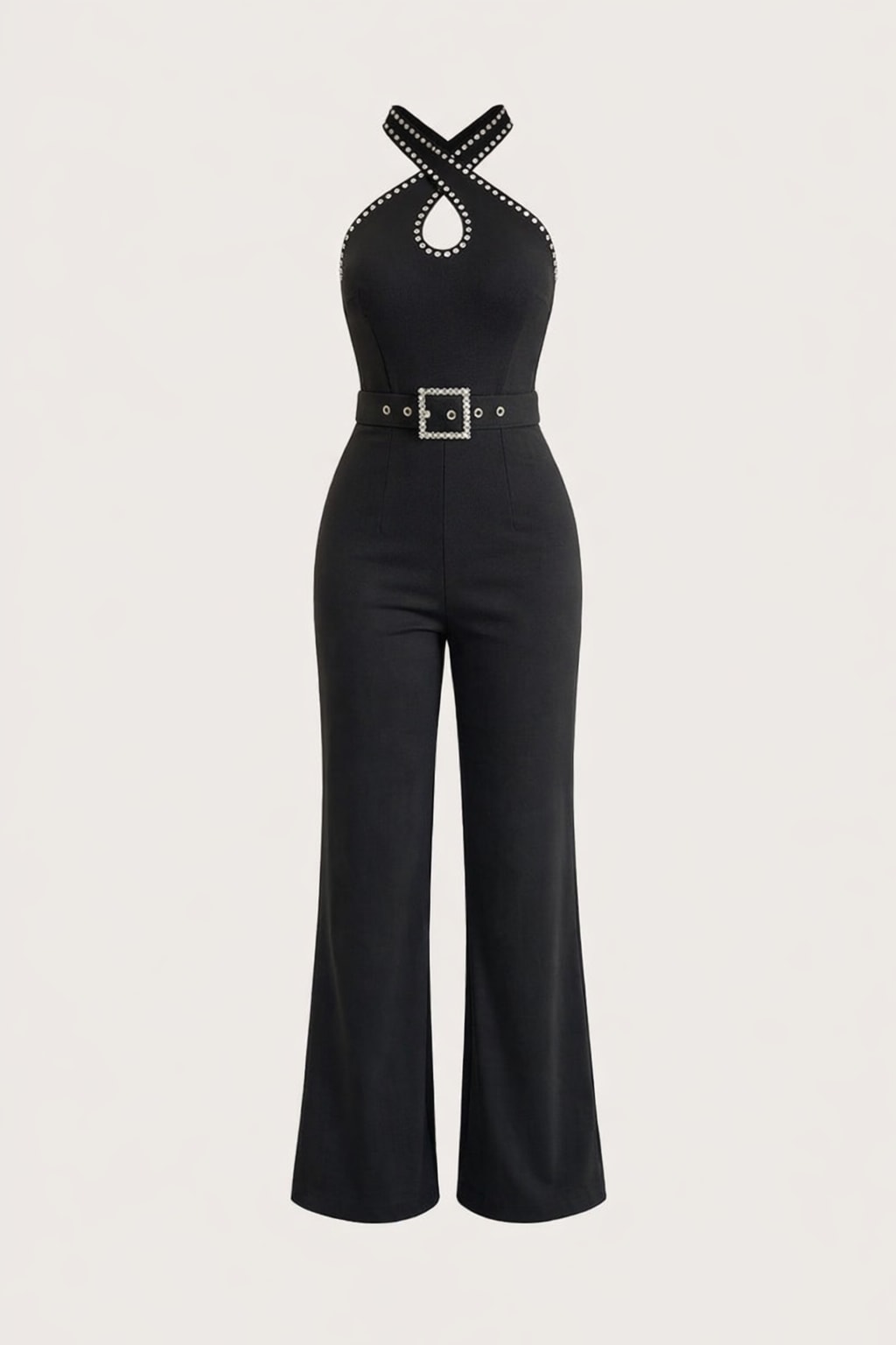 Polyester Blend Black Halter Jumpsuit With Rhinestone Belt - 1