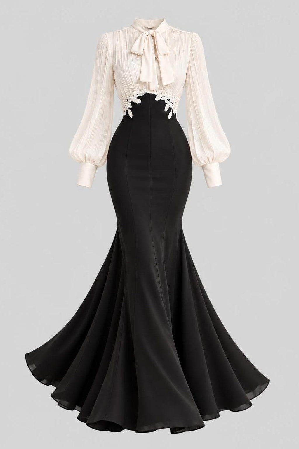 Chiffon Satin Maxi Dress With Bow Tie Collar - 1