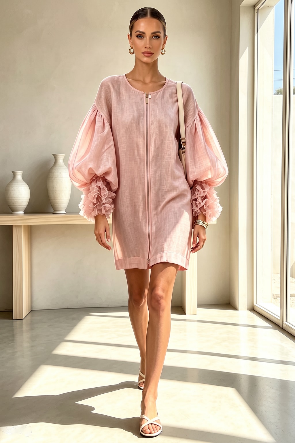 Polyester Mini Dress With Pleated Balloon Sleeves - 2