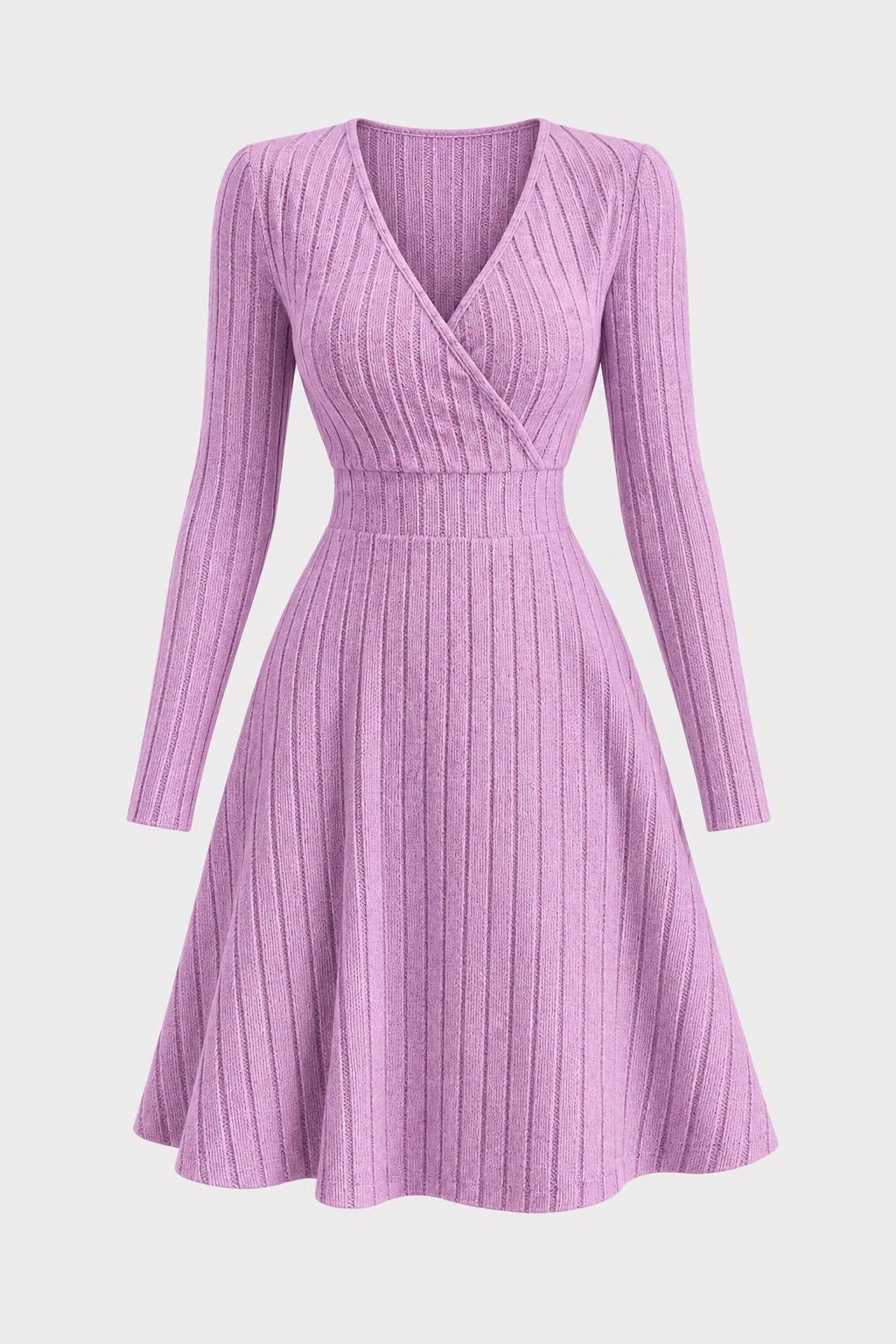 Stretch Knit A-Line Dress with V-Neck - 1