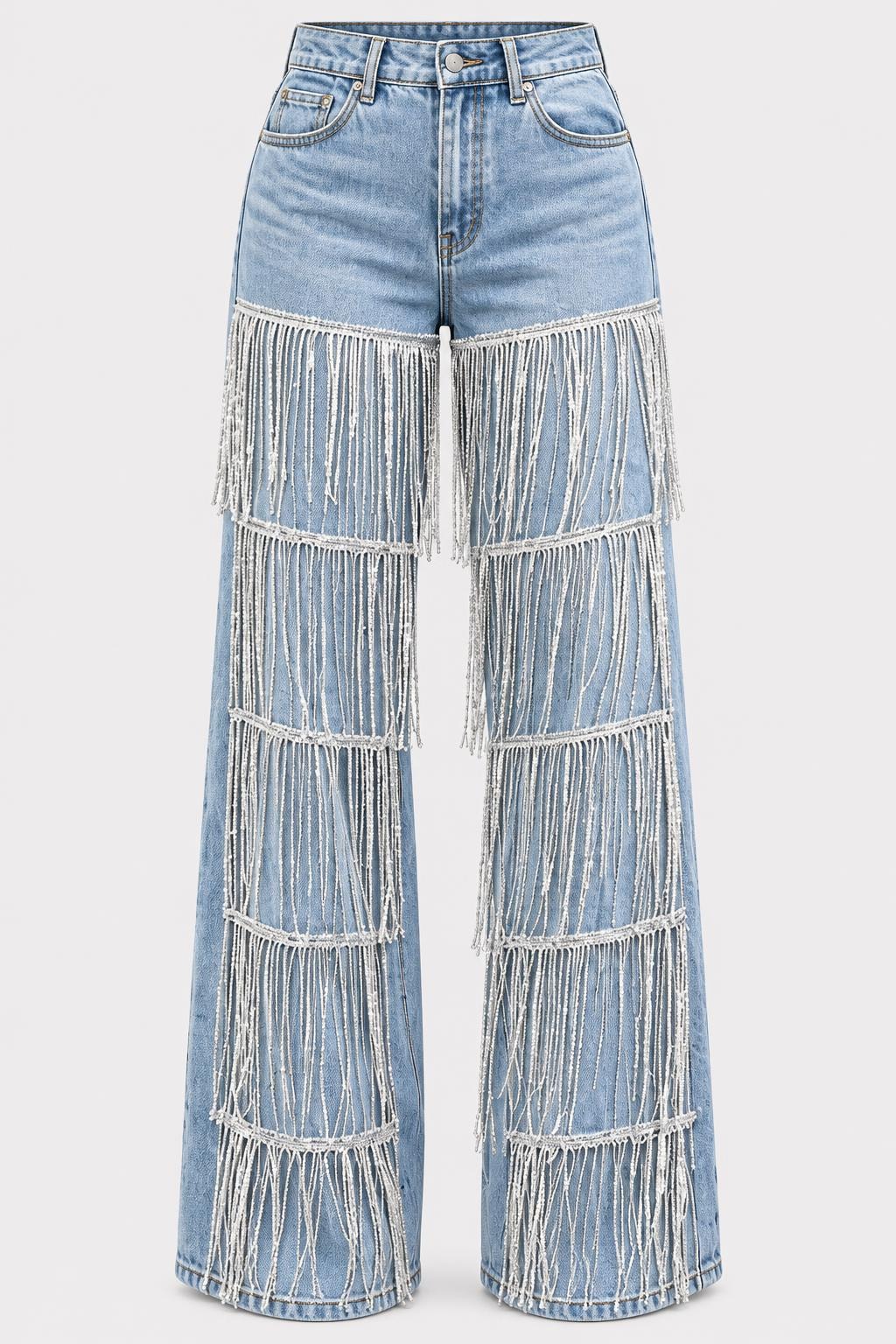 Denim High Rise Wide Leg Jeans With Tassel Detail - 1
