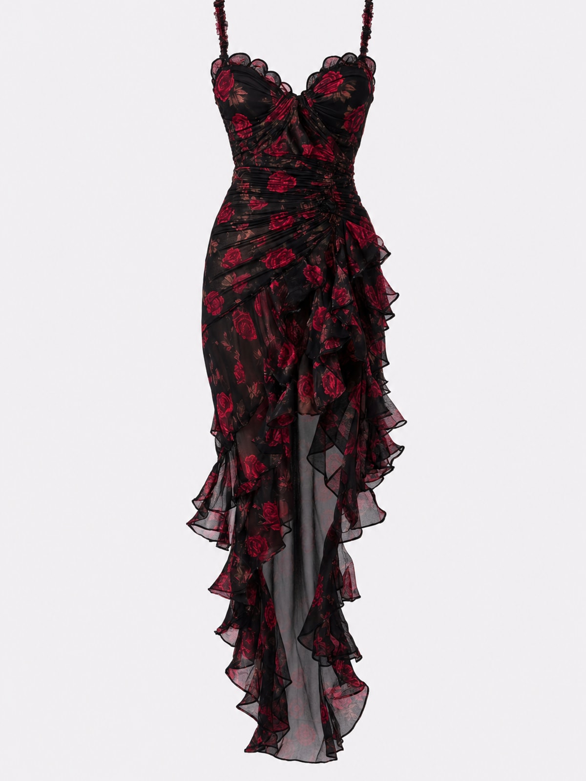 Romantic Black Floral Mesh Midi Dress with Ruffle Hem - 1