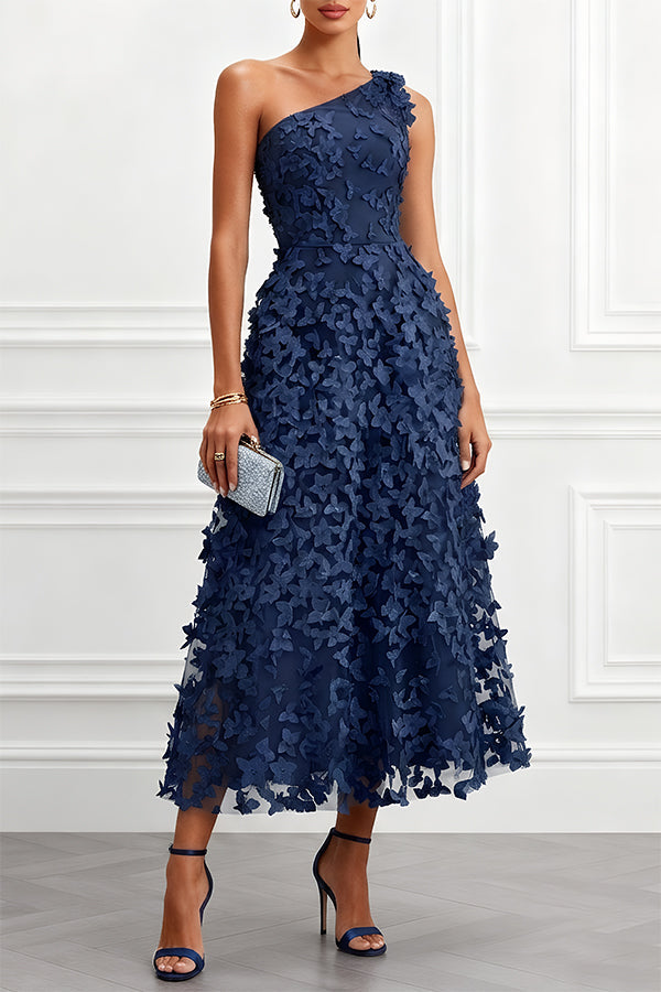 Tulle floral one-shoulder midi dress - view 4