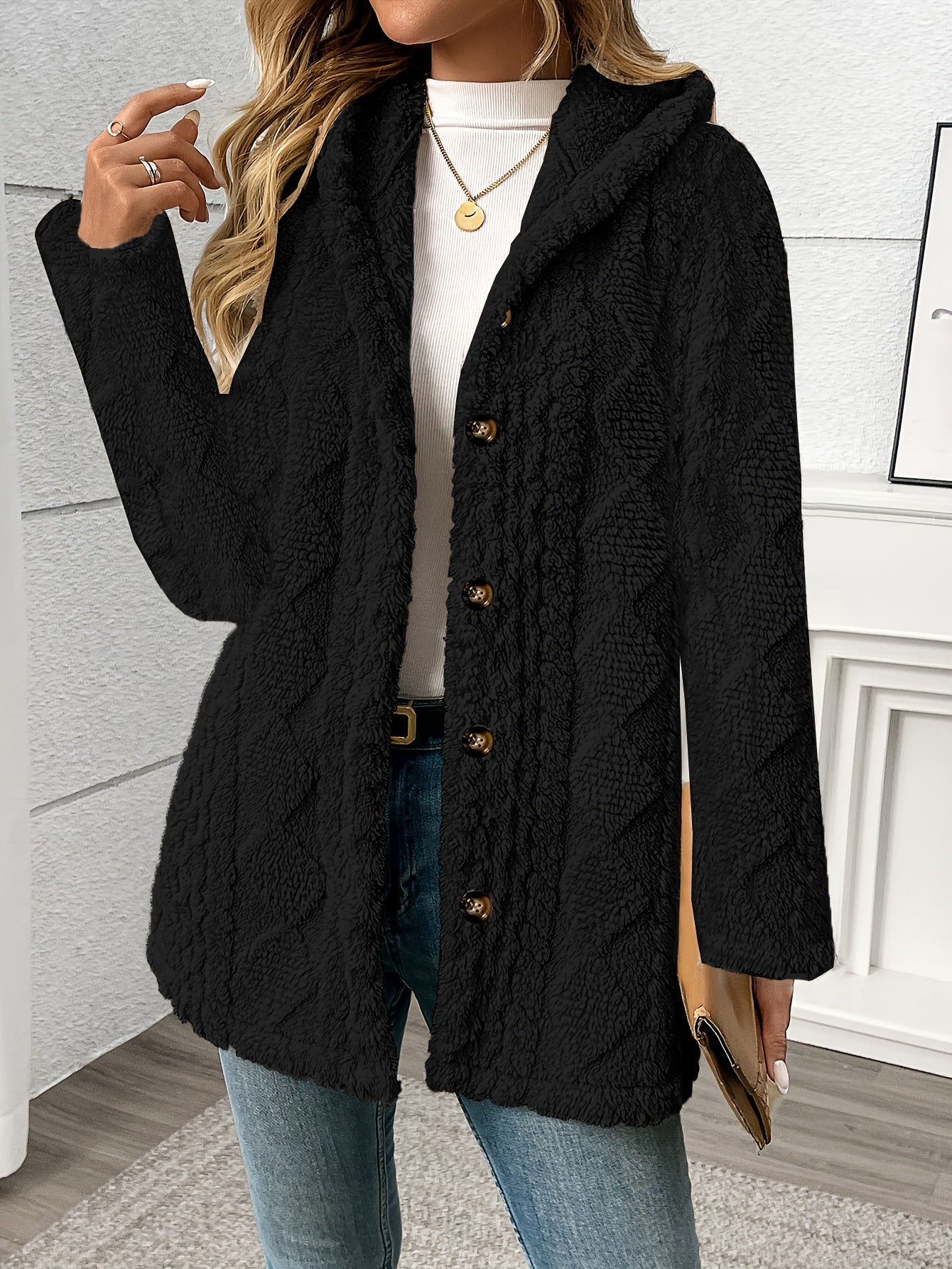 Black textured button front coat - view 5