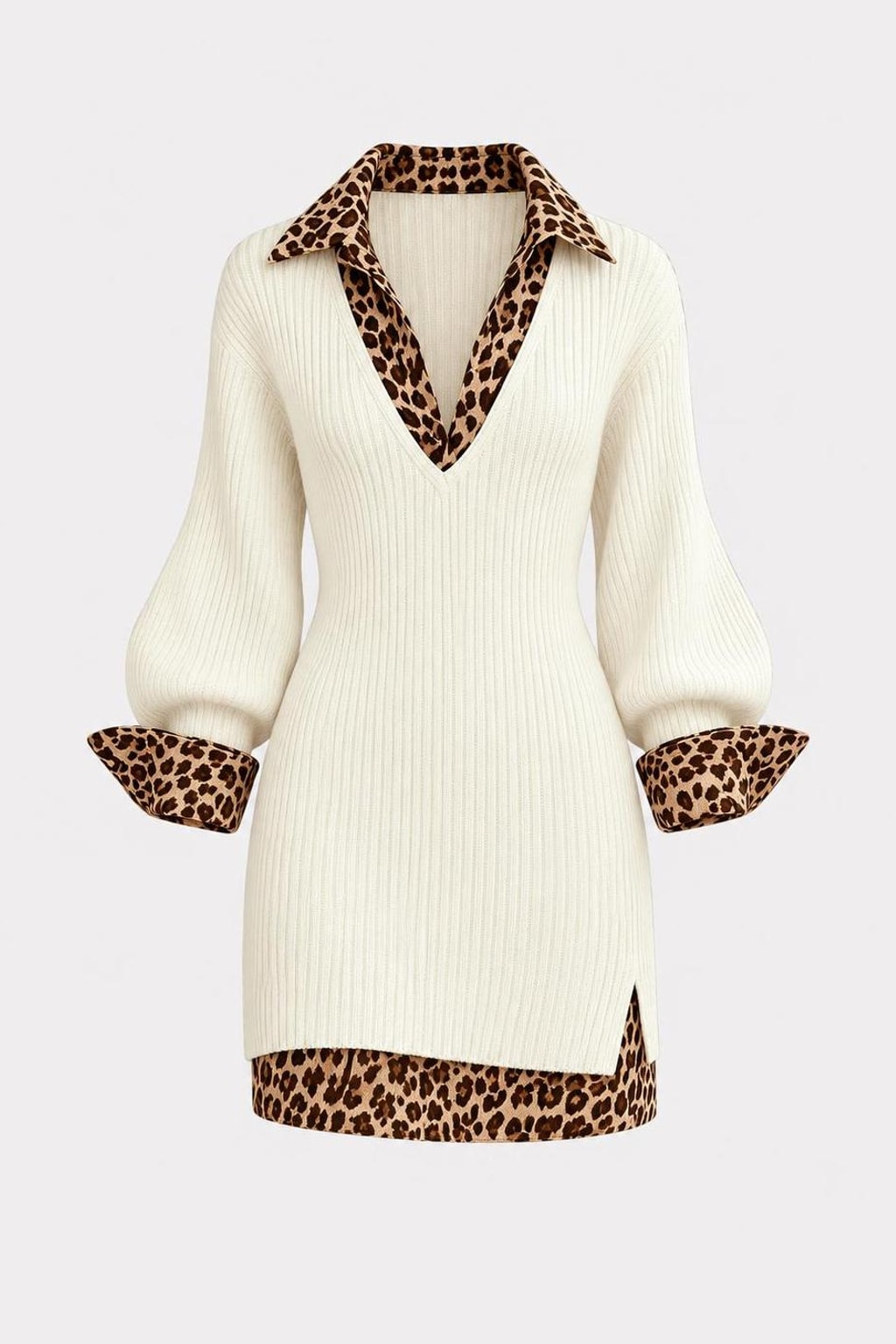 Ribbed Knit Mini Dress With Leopard Print Trim - 1