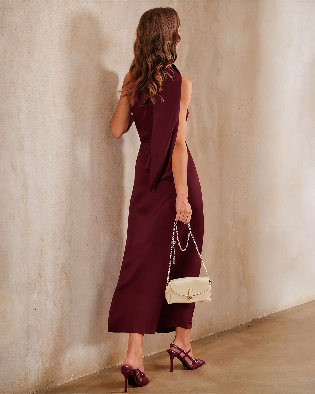 One Shoulder Satin Maxi Dress With Tie Waist - 3