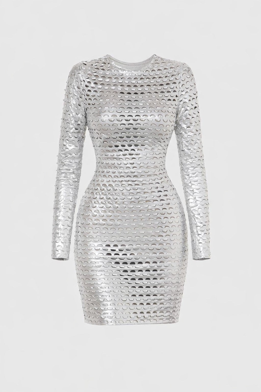 Metallic Silver Mini Dress with Long Sleeves - 1