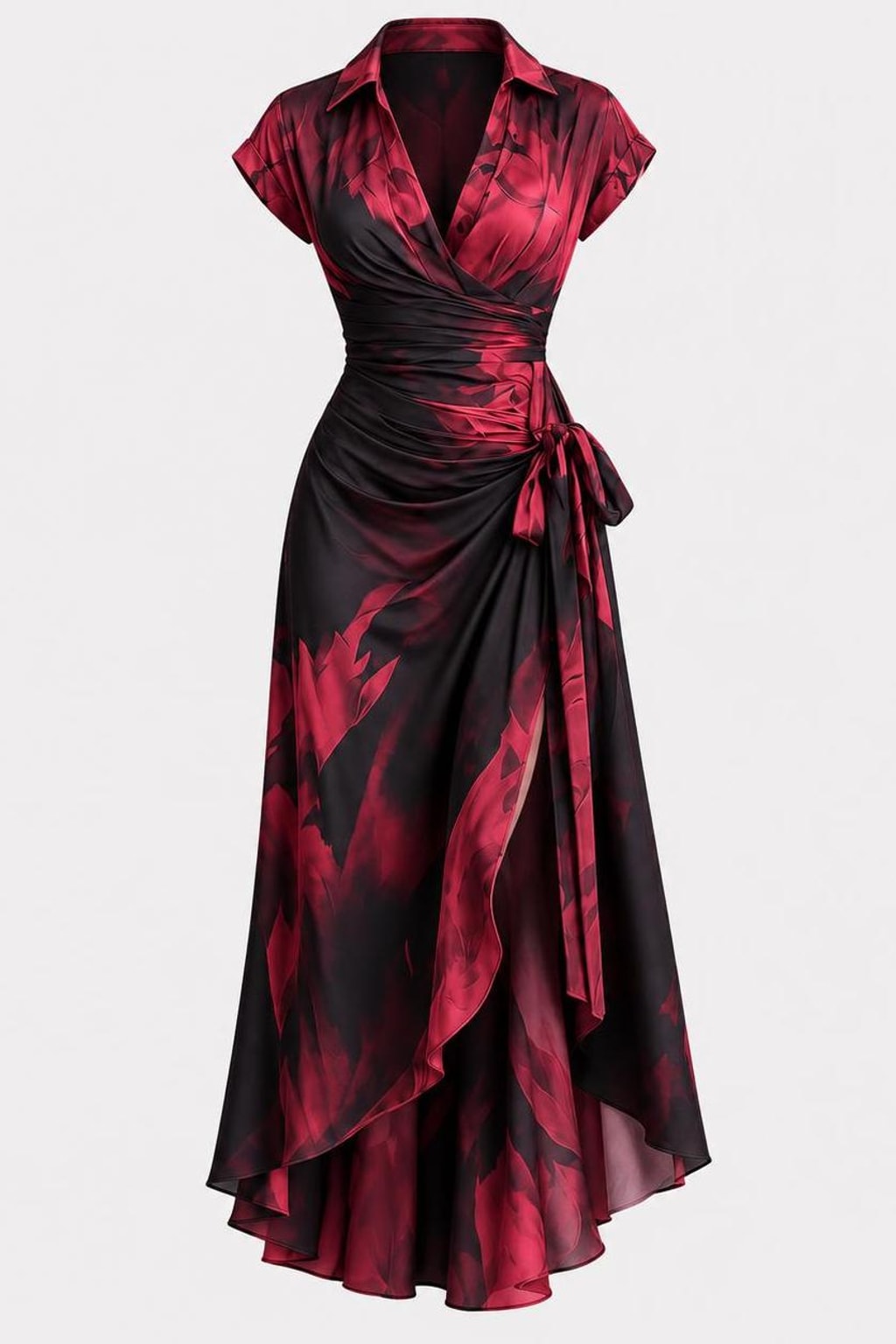 Polyester Wrap Midi Dress with Self-Tie Waist - 1