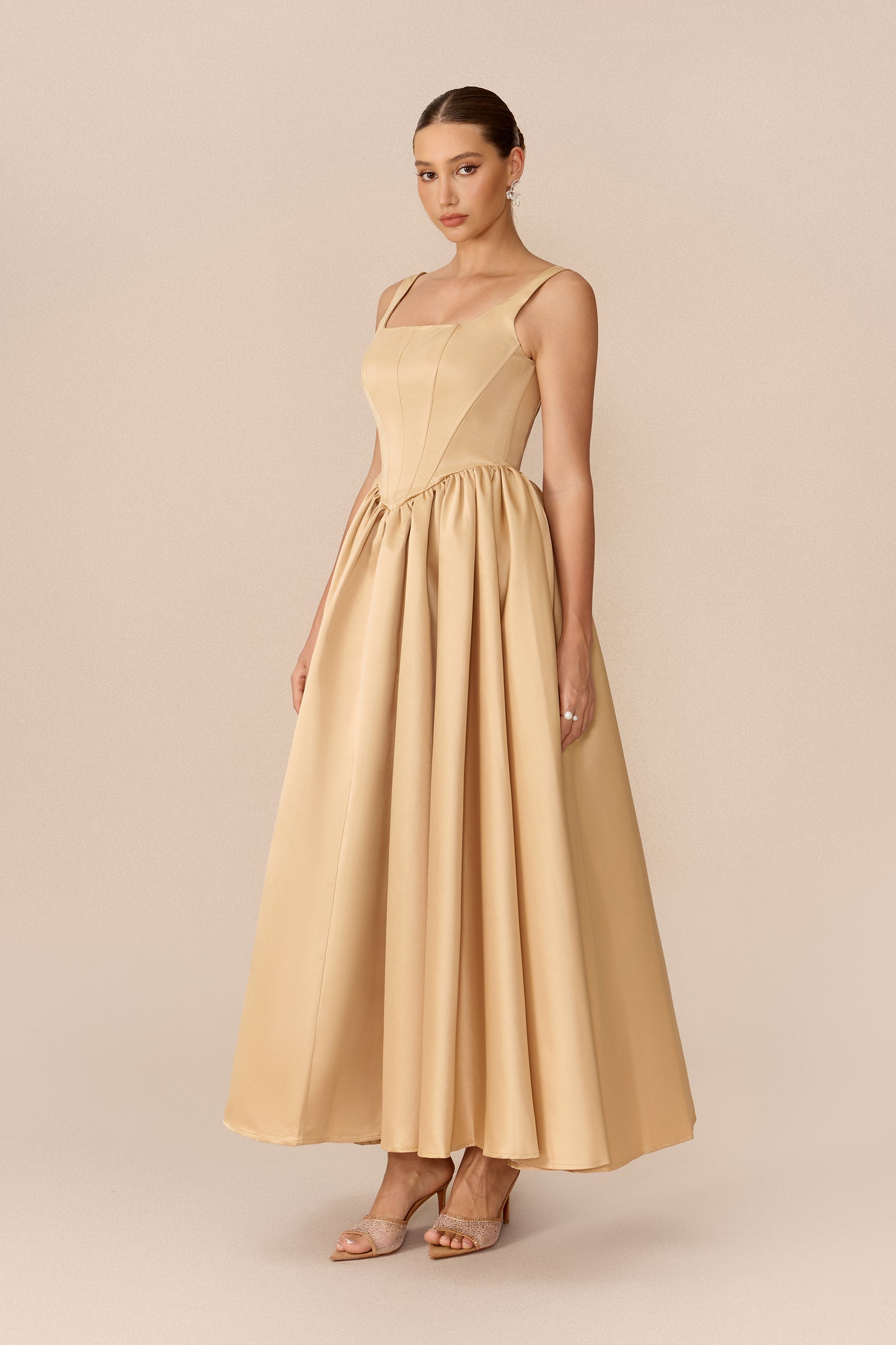 Khaki satin square neck corset maxi dress - view 5
