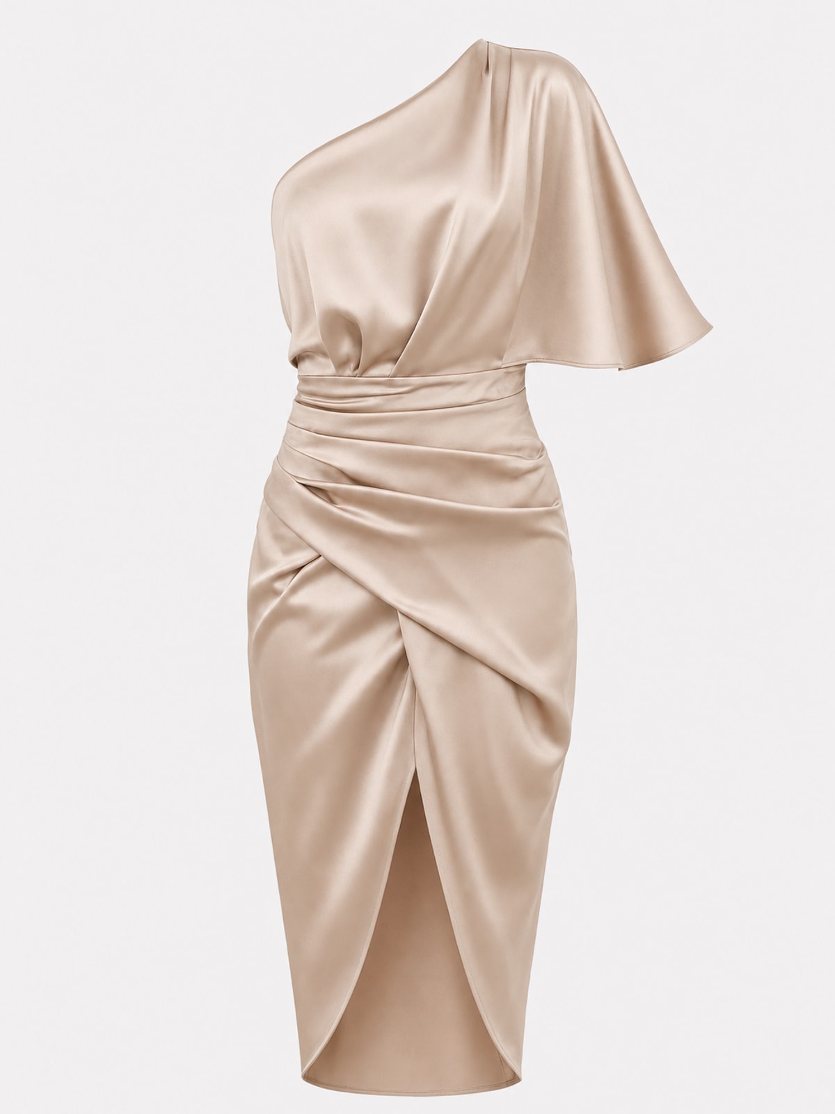 Elegant Satin One-Shoulder Drape Midi Dress - 1