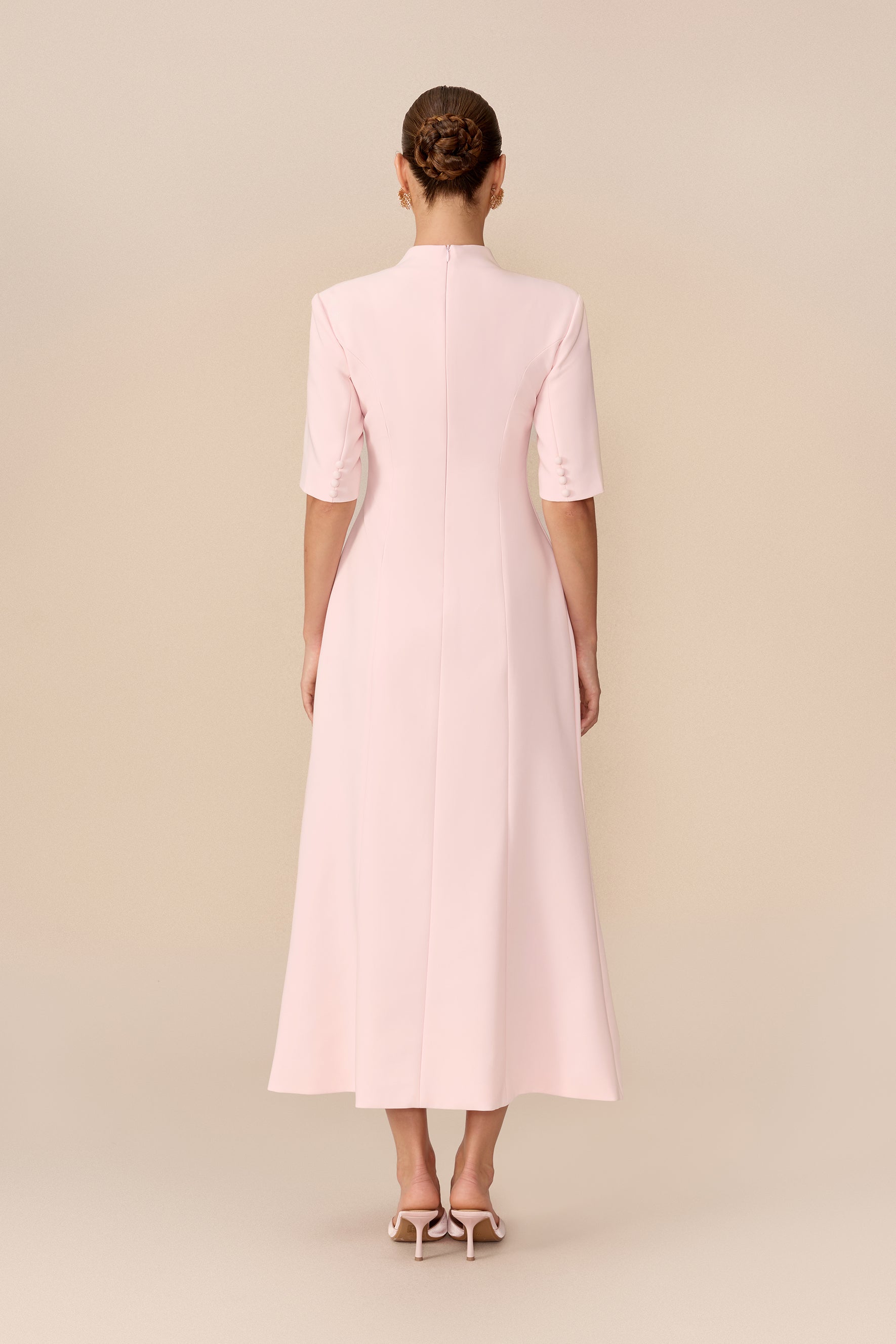 Pink stand collar maxi dress with front slit - view 4