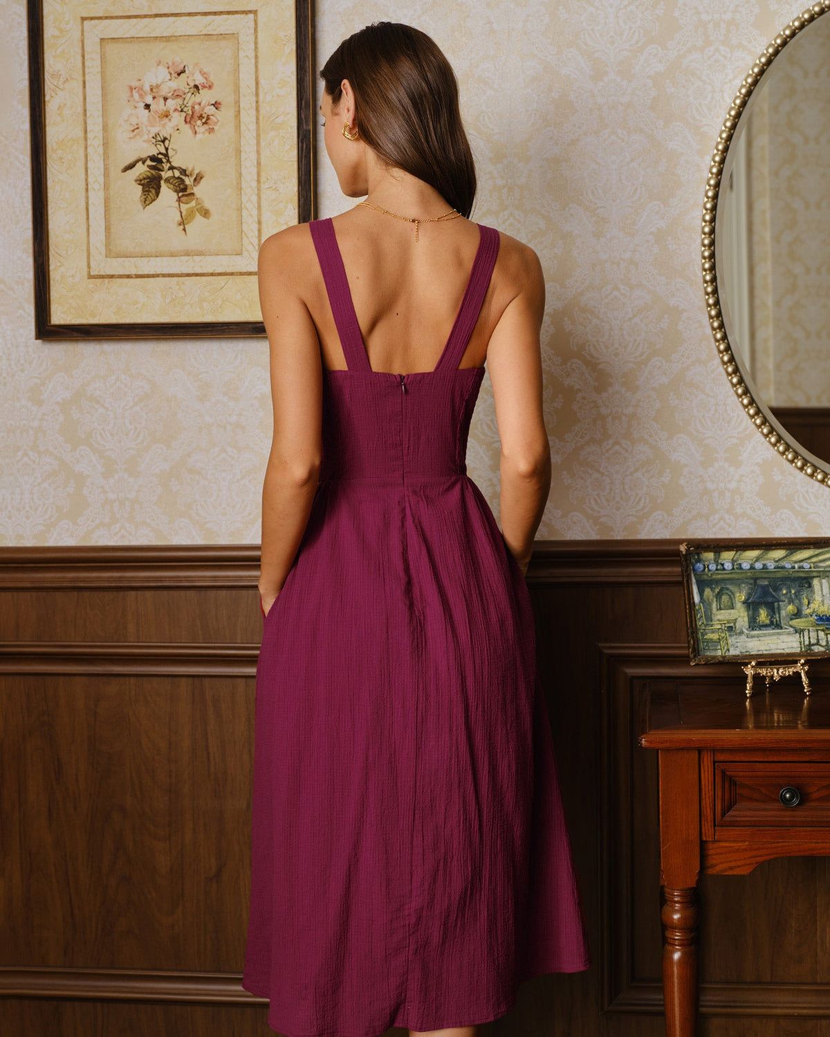 Wine Red Sweetheart Neck Midi Dress With Pockets - 4