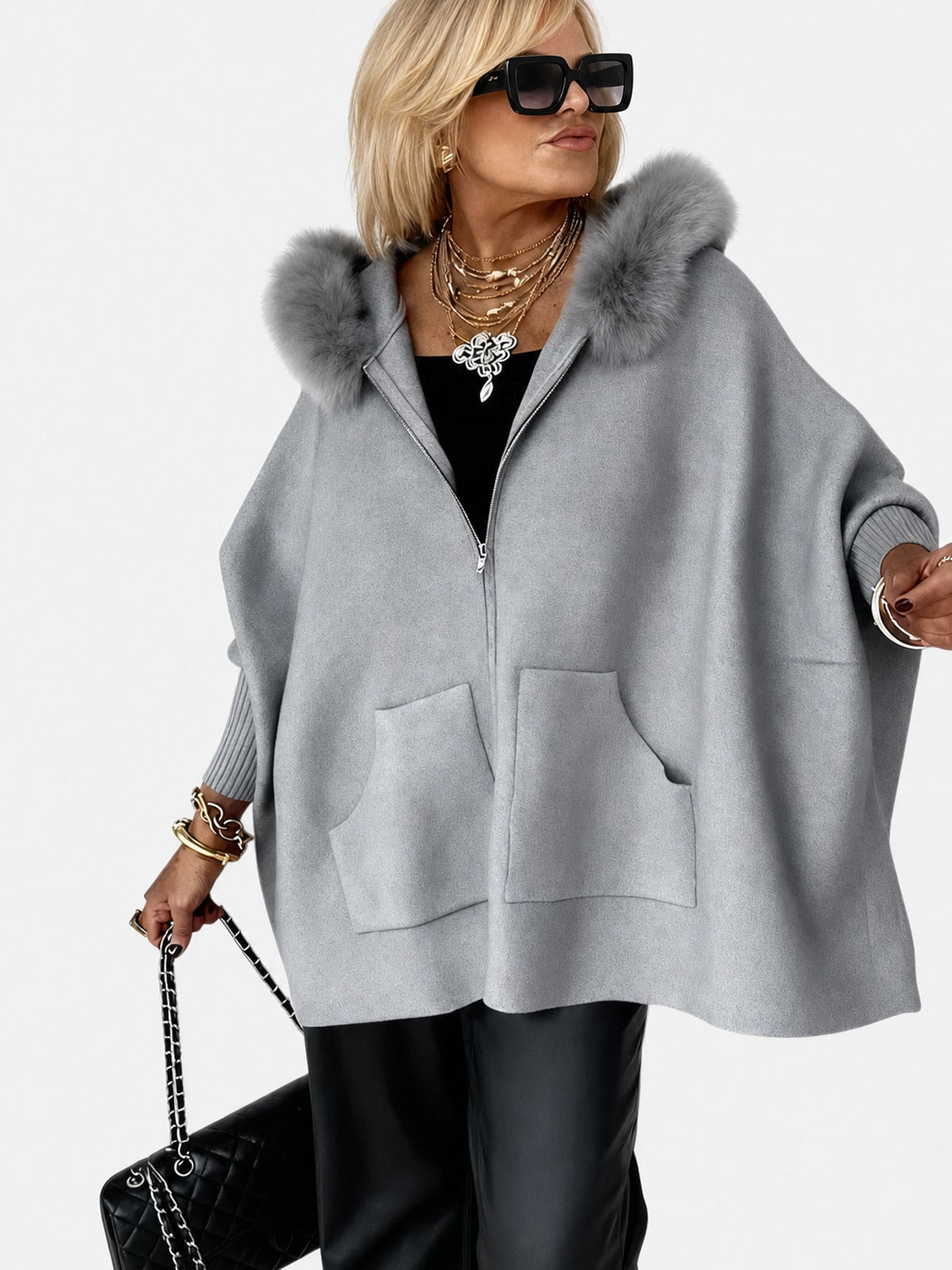 Faux Fur Trim Hooded Coat with Relaxed Fit - 3