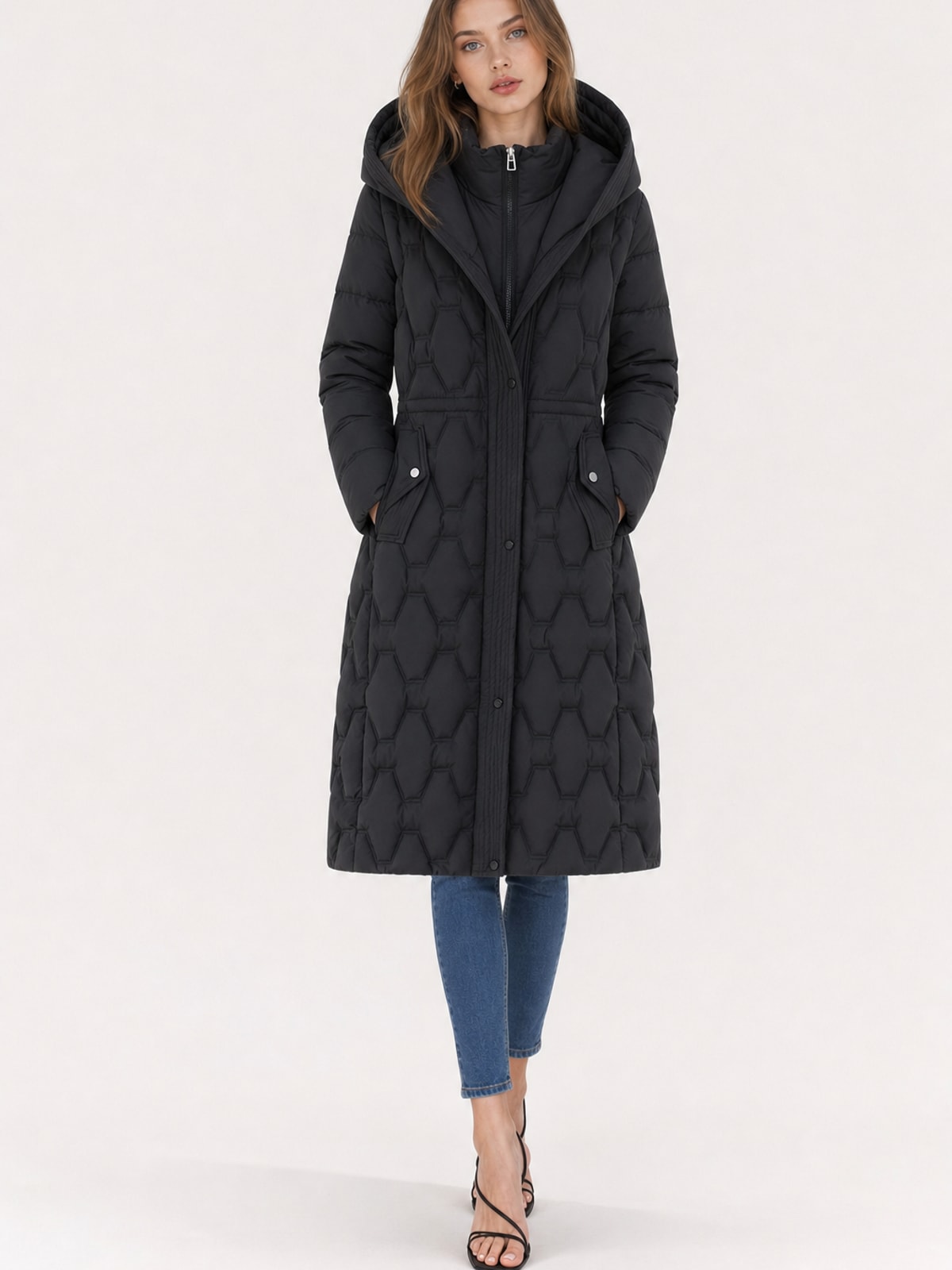 Warm Quilted Longline Puffer Coat With Attached Hood - 5