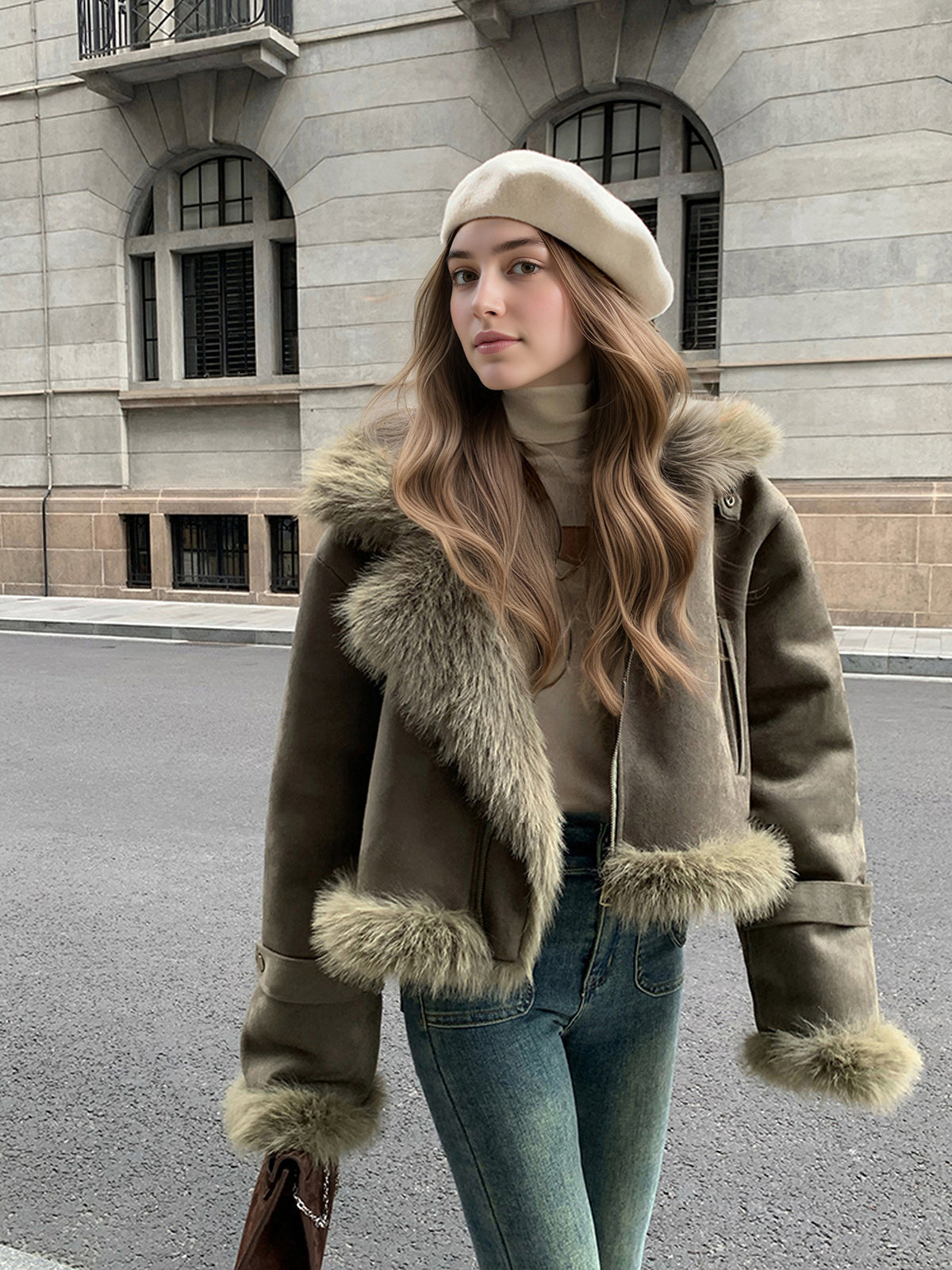 Faux Fur Jacket Polo Collar Short Motorcycle Style - 2