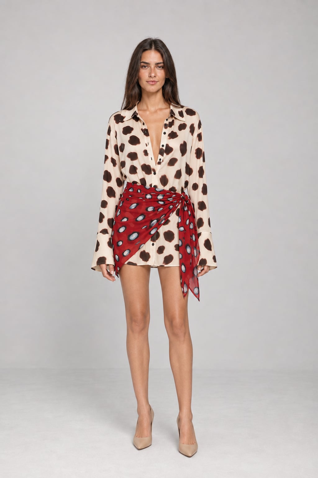 Short Chemise Dress with Animal Print and Scarf - 2