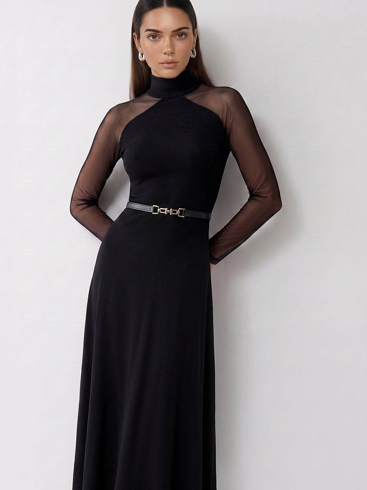 Black Jersey Belted Maxi Dress with Mesh Sleeves - view 3