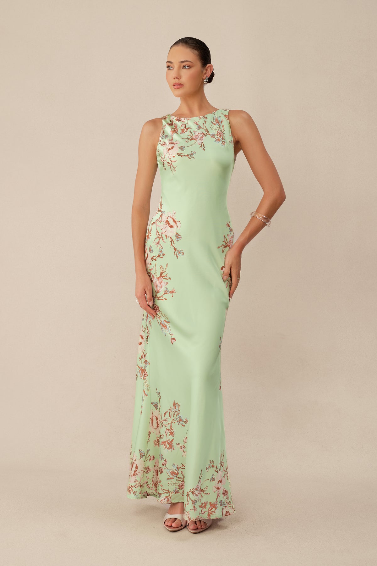 Green floral maxi dress with chiffon cape overlay - view 6
