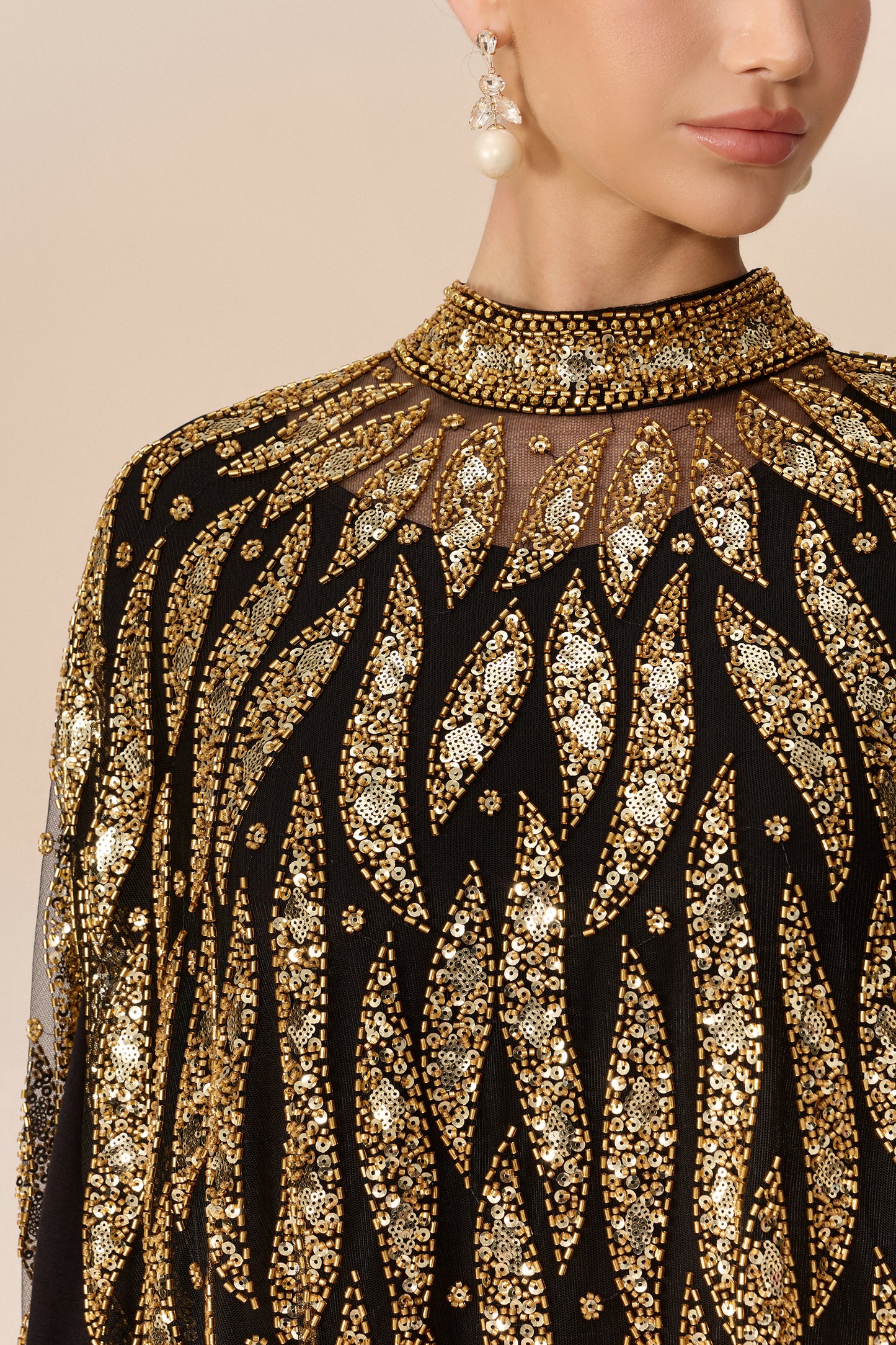 Black sequin embroidery cape-sleeve maxi dress - view 6