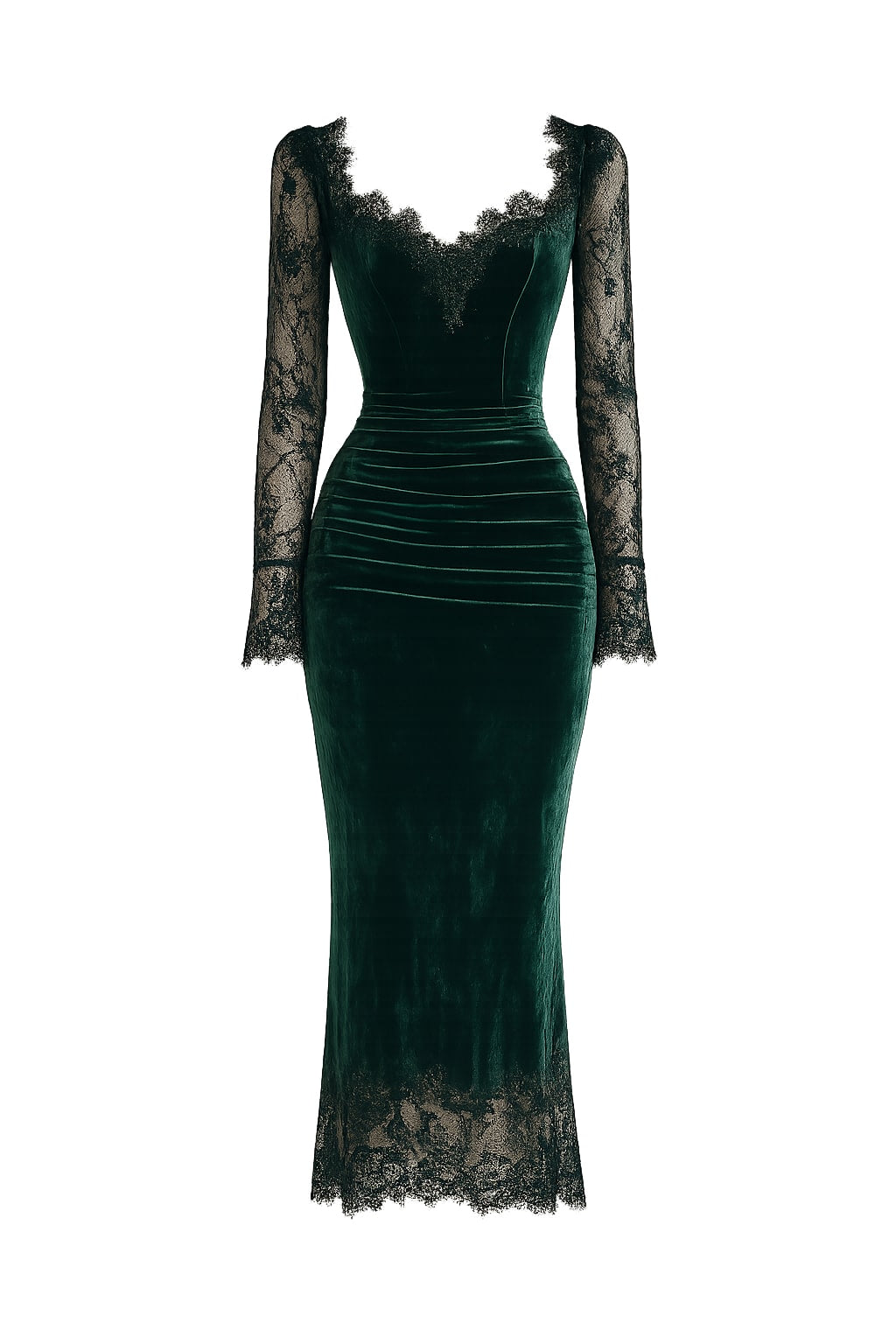 Velvet Midi Dress with Lace Long Sleeves - 1