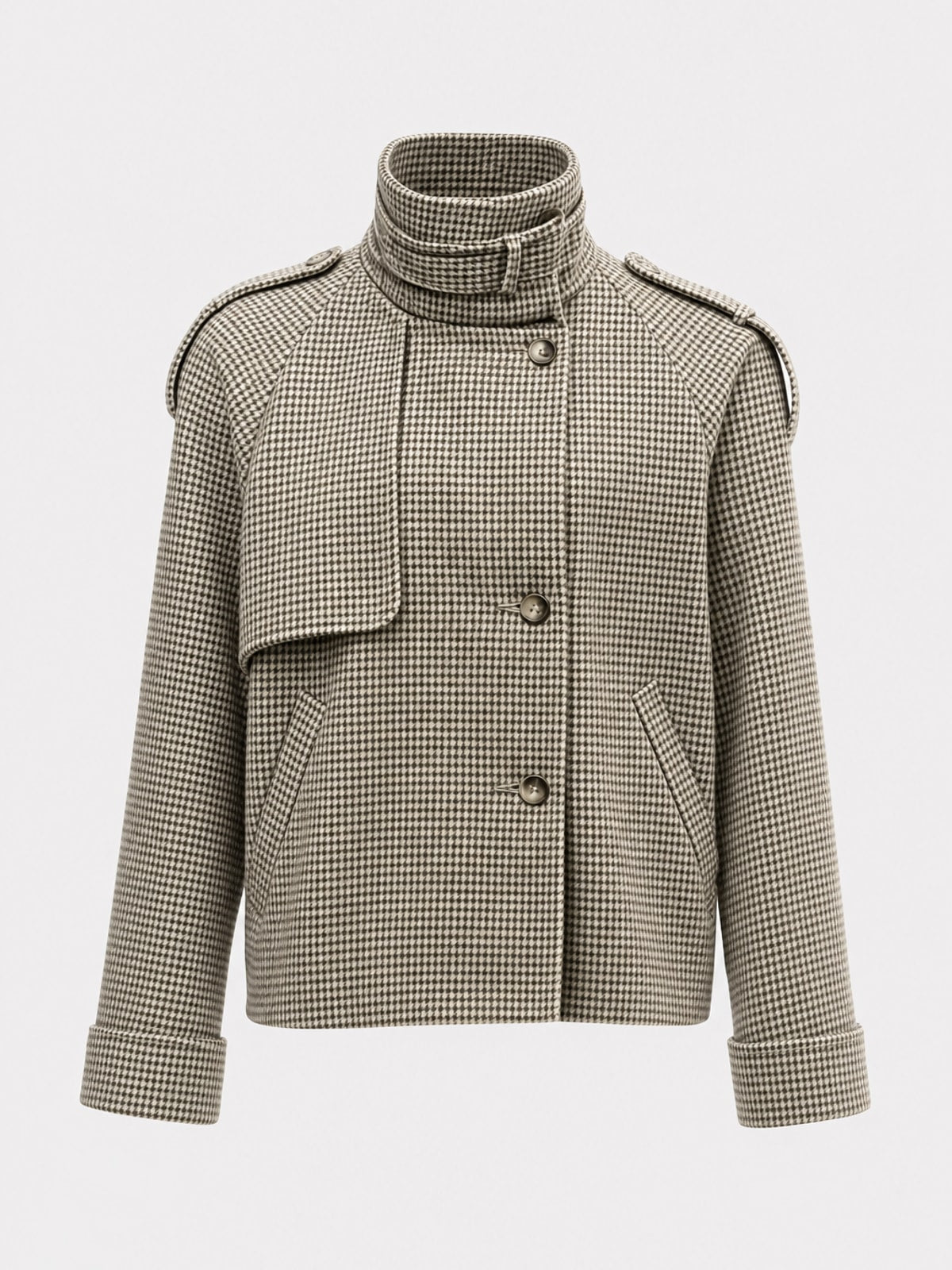 Elegant Houndstooth Cropped Jacket With Stand Collar - 1
