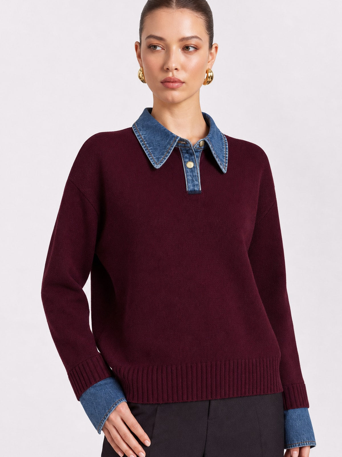 Knit Panel Lapel Relaxed Sweater - 7