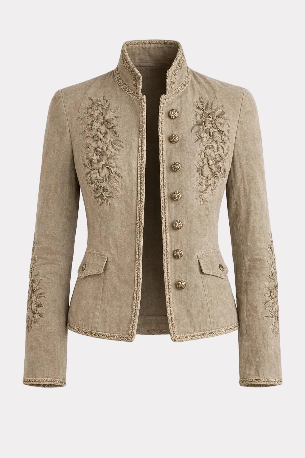 Retro Beige Long Sleeve Blazer with Floral Embroidery - 1