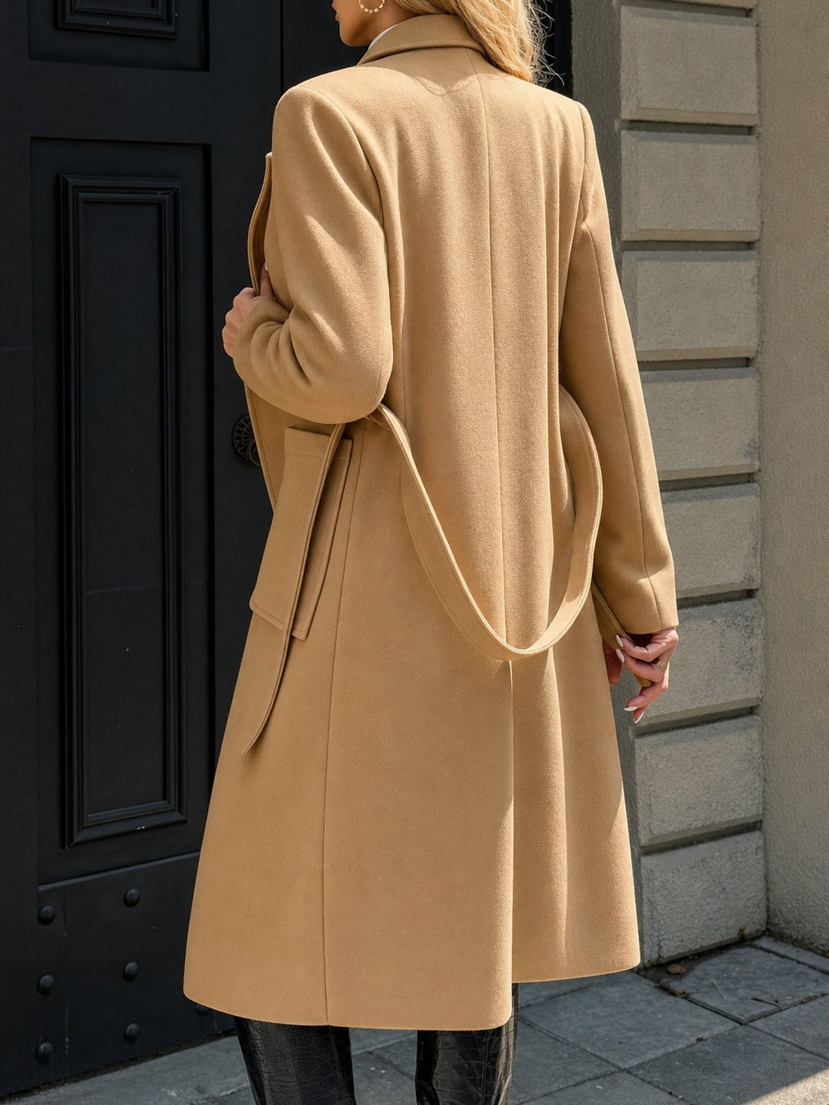 Warm Tailored Belted Long Coat With Adjustable Waist Tie - 3