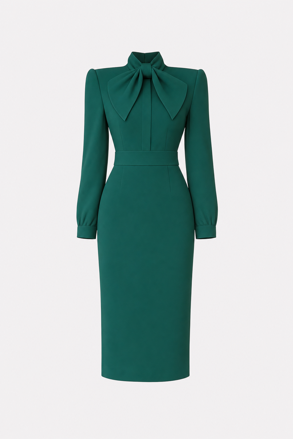 Satin pencil work dress with high-neck bow - view 7