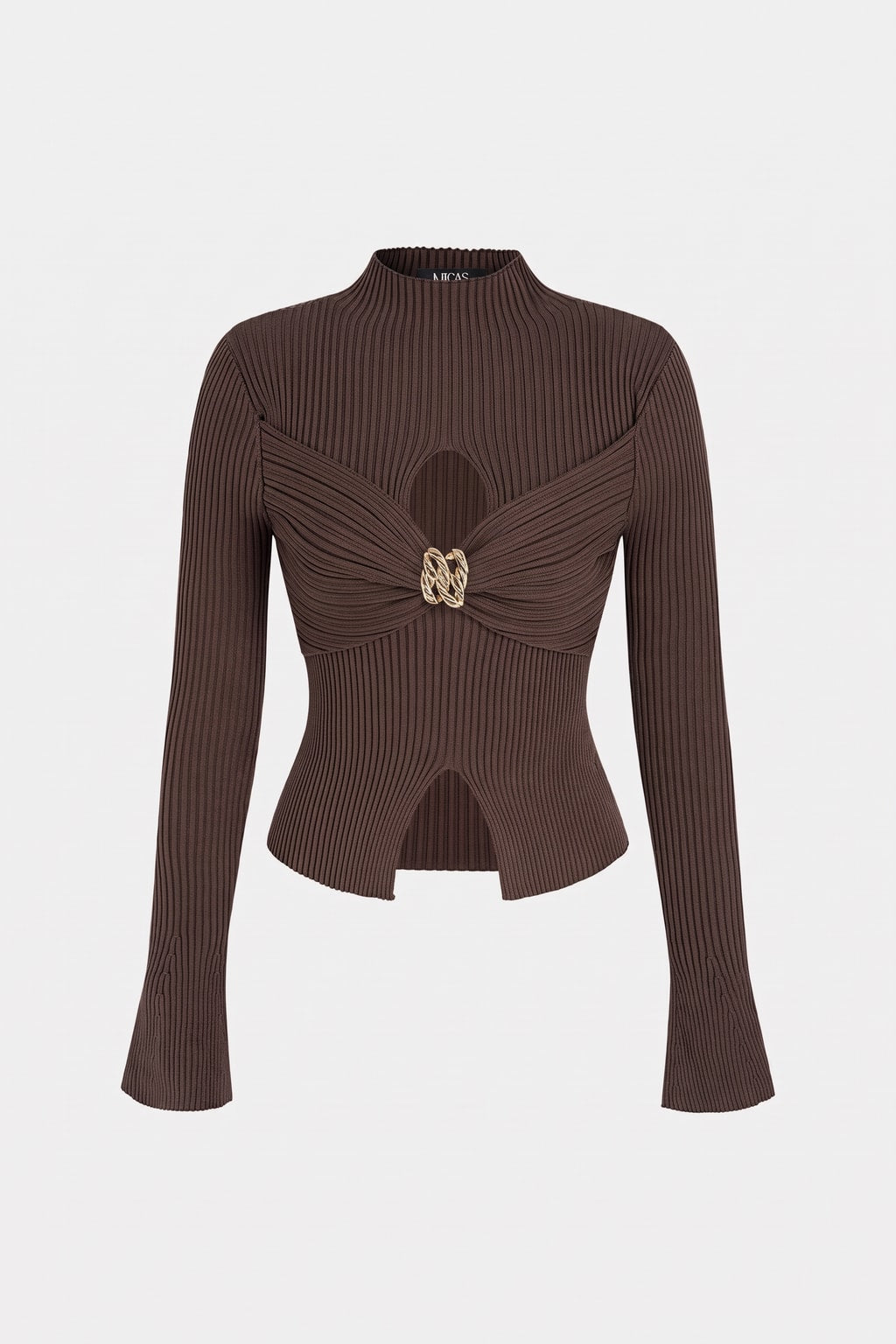 Polyester Knit Long-Sleeve Top With Mock Neck Cut-Out - 1