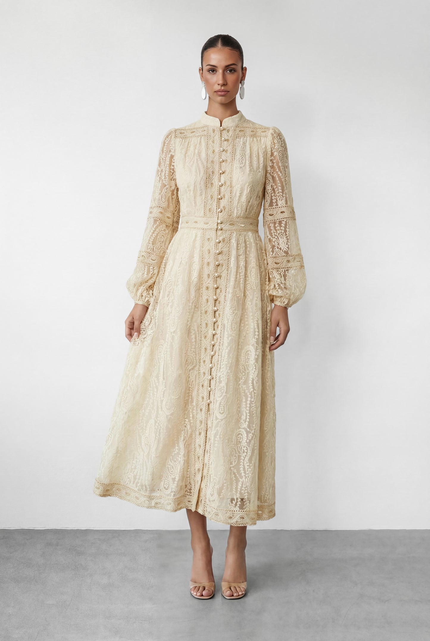 Beige Lace Stand Collar Puff Sleeve Maxi Dress - view 5