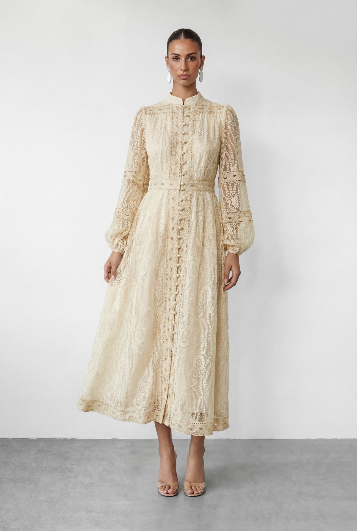 Lace Stand Collar Puff Sleeve Maxi Dress - 5