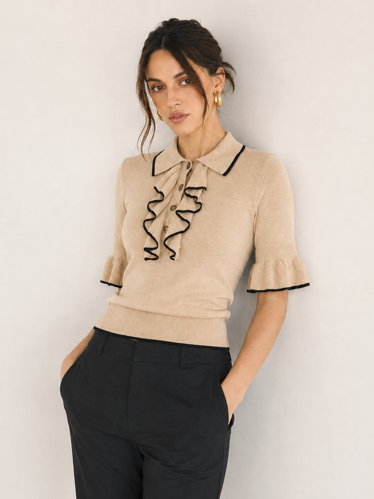 Knit Sweater Top With Ruffle Trim - 5