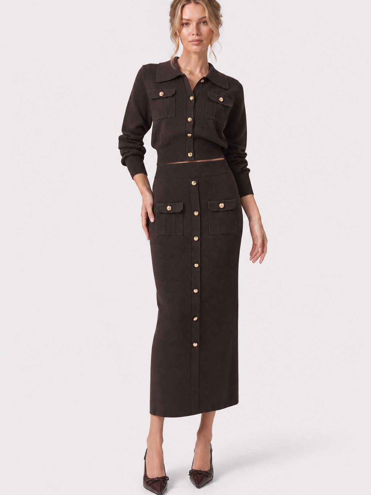 Knit Cardigan and Midi Skirt Set with Metal-Button Collar - 7