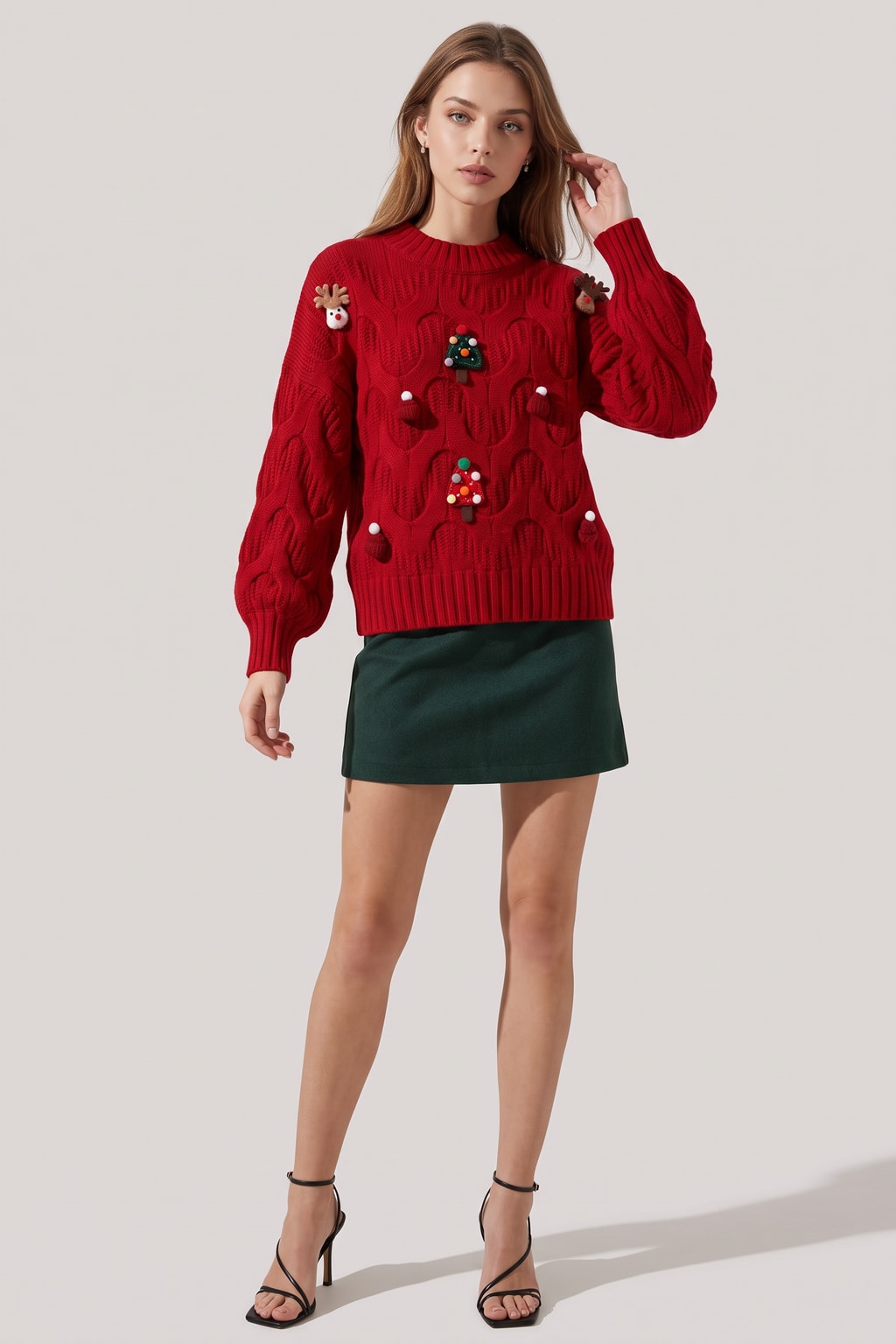 Cotton Cable Knit Sweater with Balloon Sleeves - 2
