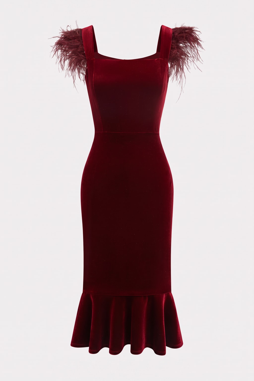 Velvet Mermaid Midi Dress With Feather Trim - 1