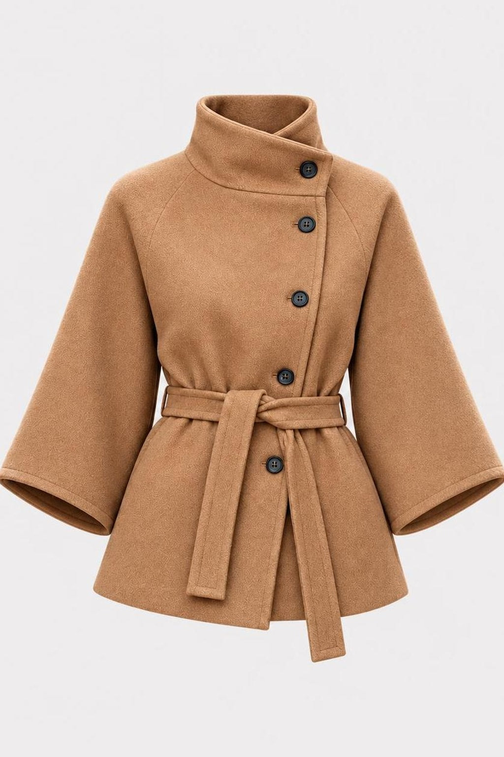 Polyester Tie-Belt Jacket With Stand-Up Collar - 1