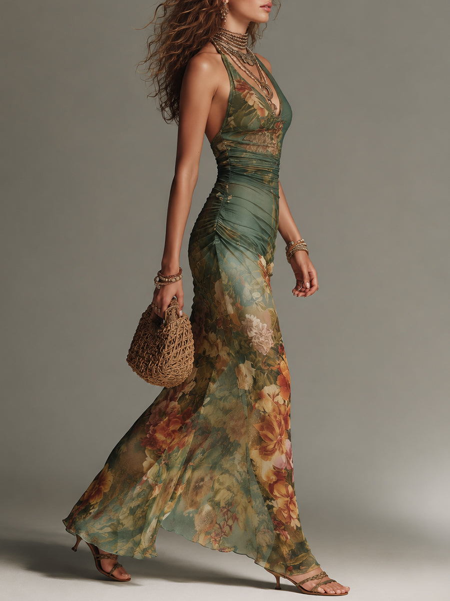 Floral Mesh Maxi Dress With Slim-Fit Design - 4