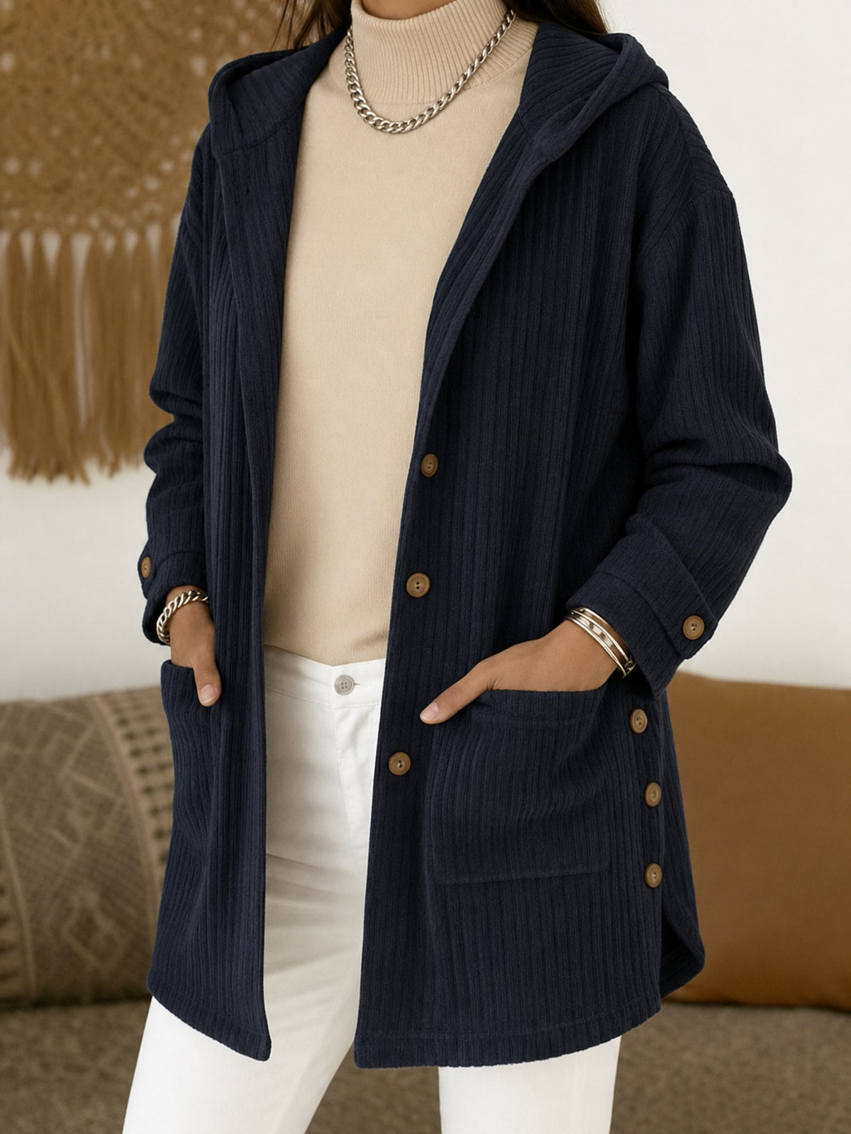 Hooded Button Front Coat With Warm Roomy Pockets - 4