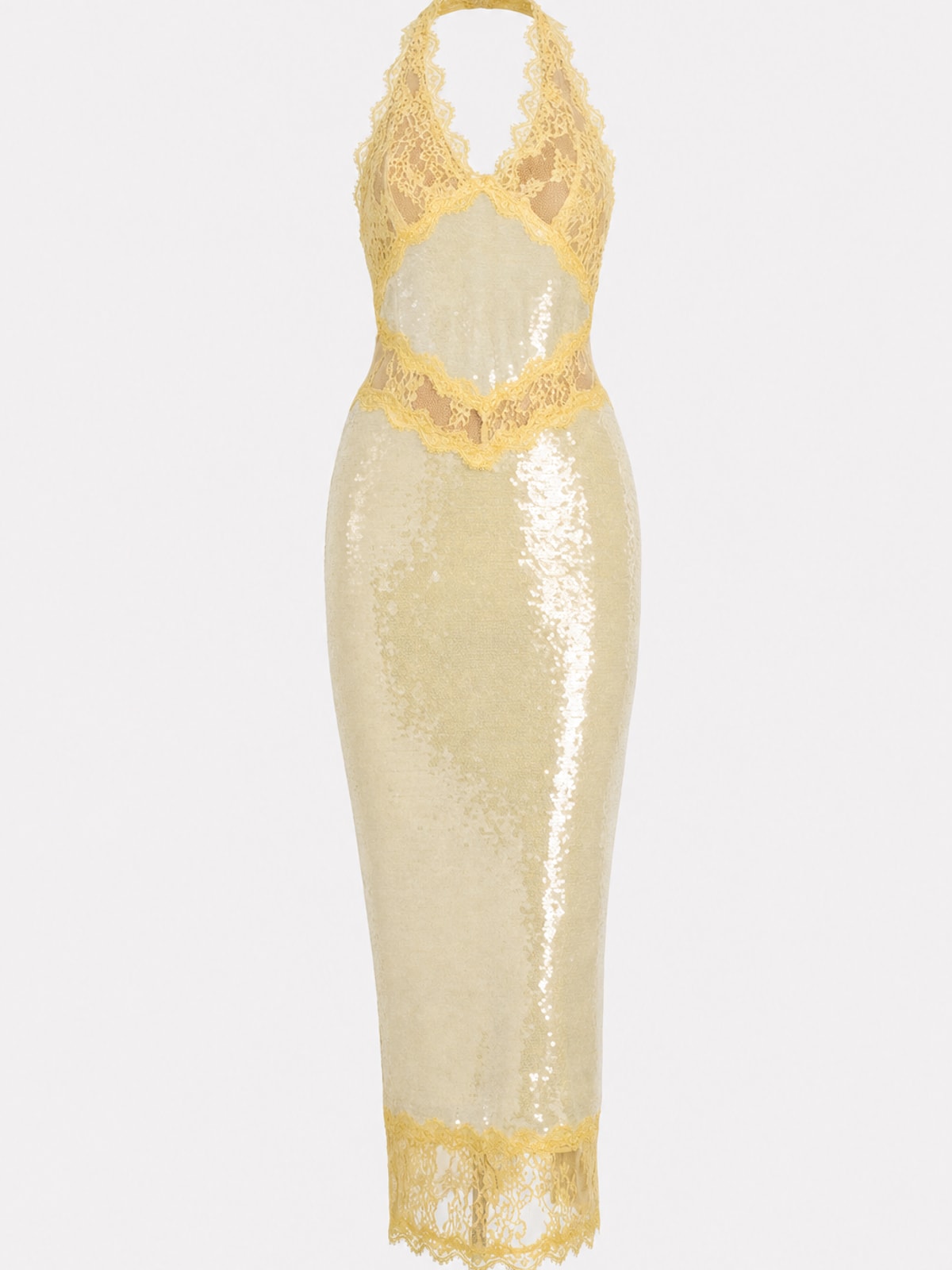 Effortless Sequin Halter Midi Dress With Sheer Lace Trim - 1