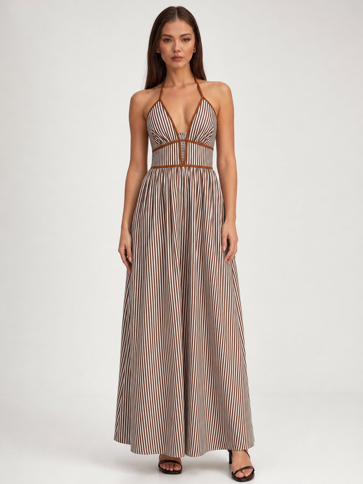 Polyester Striped Halter Neck Sleeveless Maxi Dress - 6