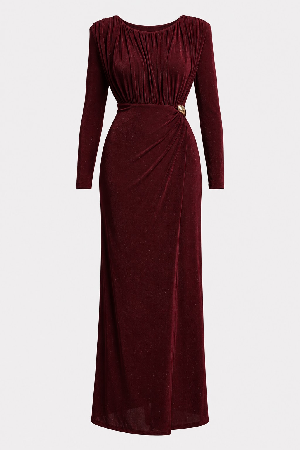 Knit Maxi Dress Long Sleeve Ruched Buckle - 1