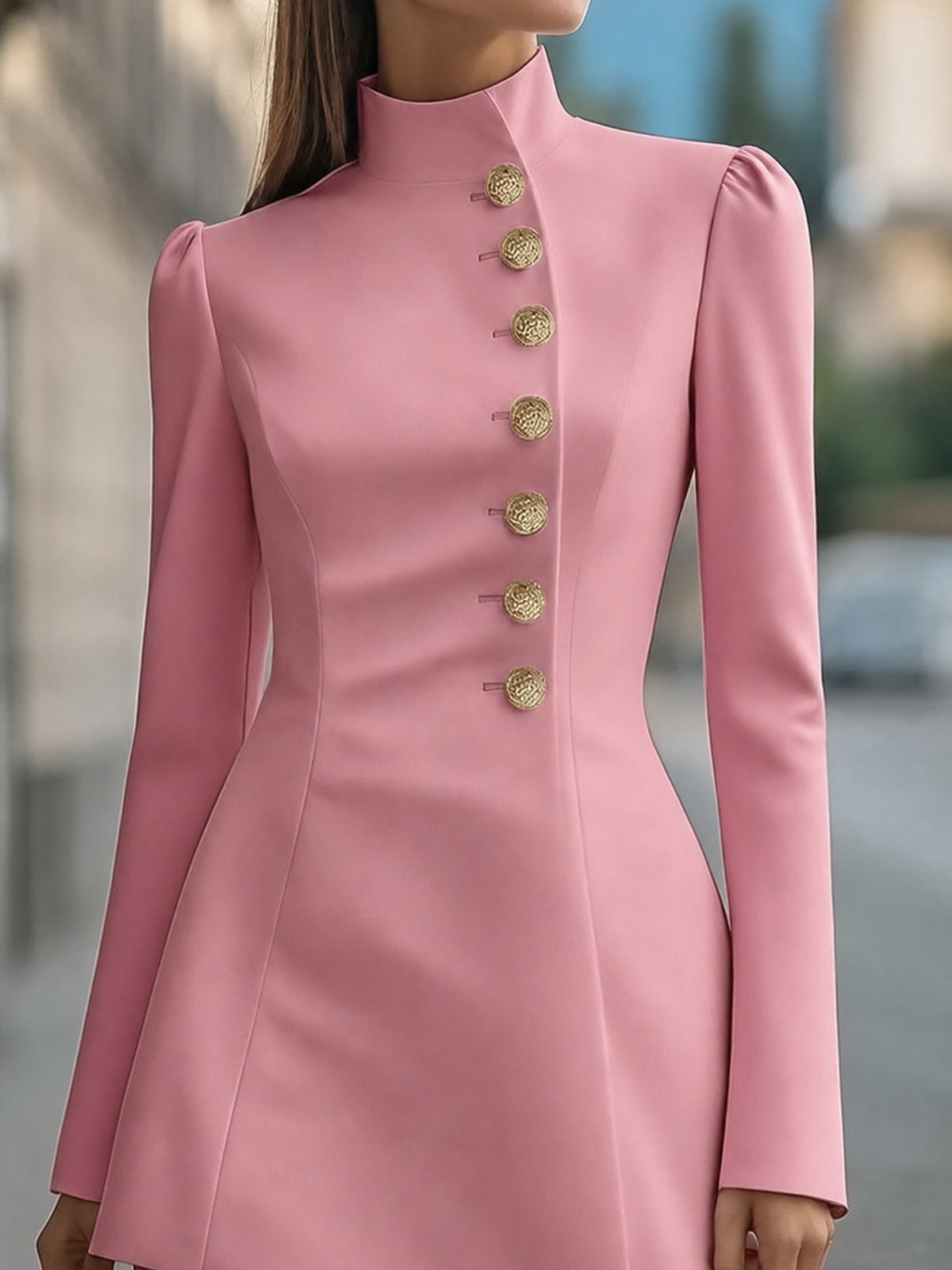 Polyester Stand Collar Long Sleeve Mini Dress - 2