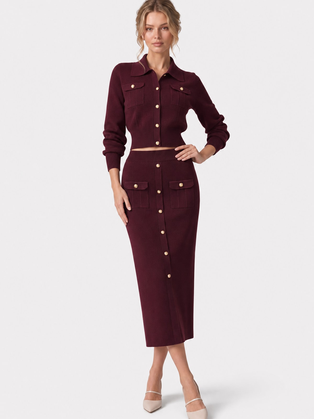Knit Cardigan and Midi Skirt Set with Metal-Button Collar - 8