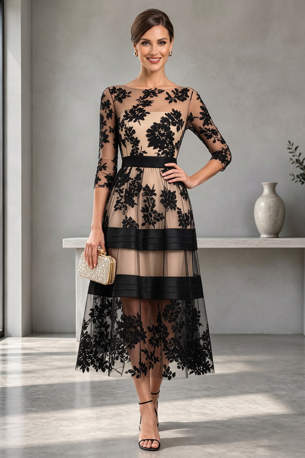 Mesh Colorblock Midi Dress With Boat Neck - 2