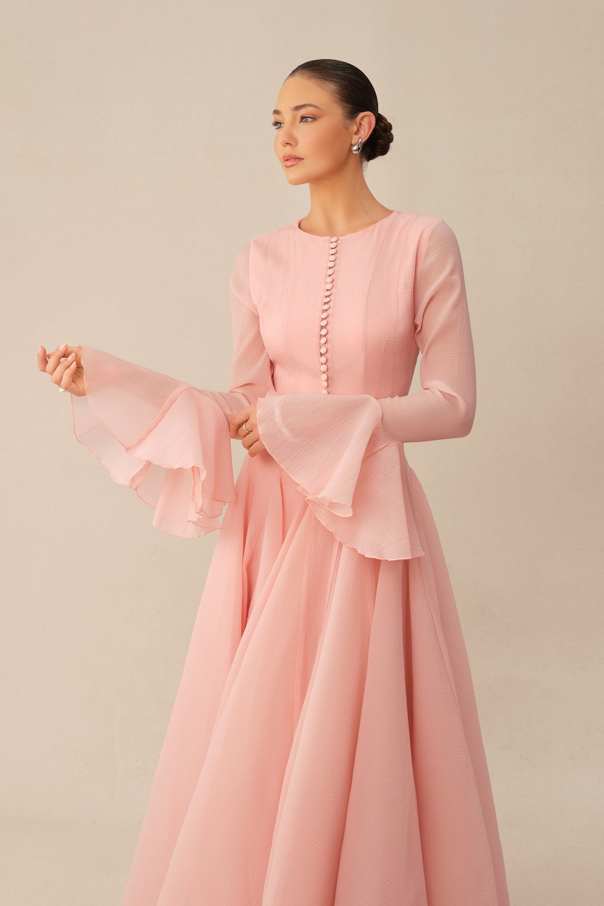 Pink Modest Maxi Dress With Flare Sleeves & Matching Hijab Scarf - 3